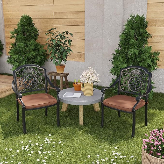 Cast Aluminum Outdoor Patio Dining Chairs with Cushions Set of 2